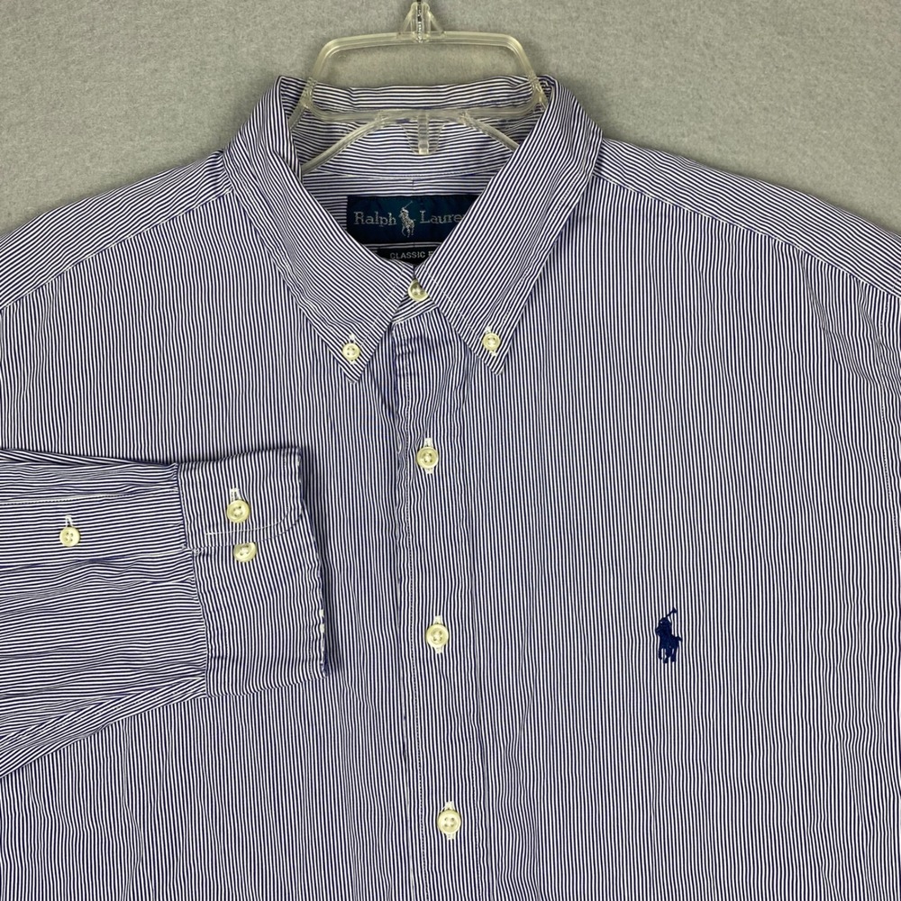Ralph Lauren Classic Fit Striped Button Down Shirt Blue White Mens 17 34/35